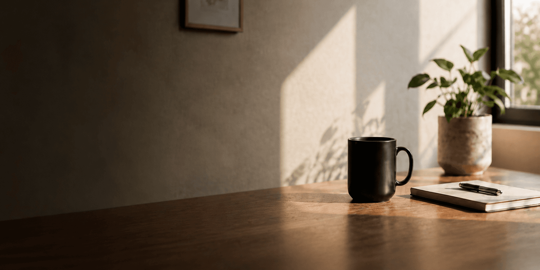 A warm modern workspace with a black mug, notebook, and plant in natural sunlight